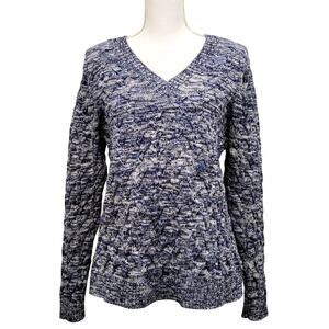 Lands End Drifter Cable Knit Sweater Women's Large Blue Marled V-neck Cotton